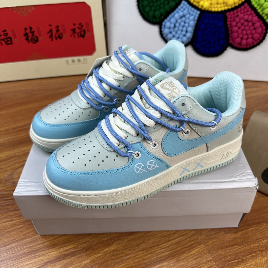 高版本头层皮NK Air Force 1 Low AF1 空军一号低帮  穿绳湖蓝 码数36-44 男女现货